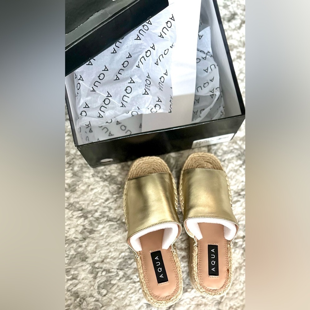 NWT Aqua Jacy Gold Leather Espadrille Platform Wedges — 7.5 | Summer Staple - Picture 6 of 14